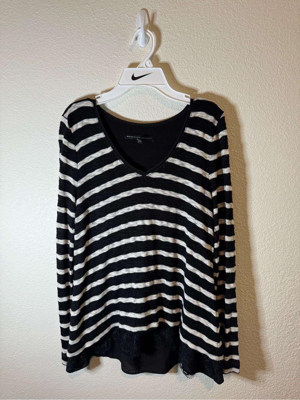 Striped V-Neck Layered Hem Sweater - Black & White